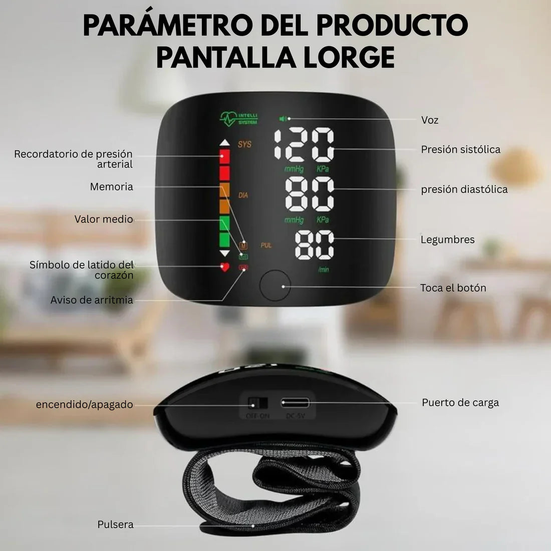 Monitor de presión arterial de muñeca con pantalla LED